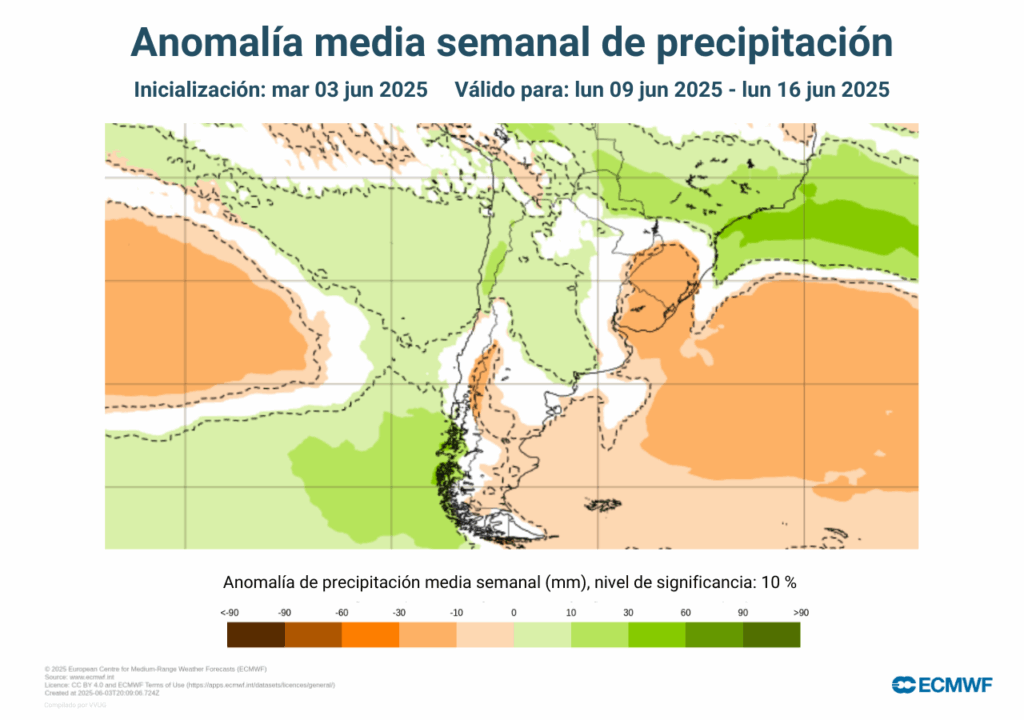 mapa que muestra las anomalías de lluvias previstas para Chile