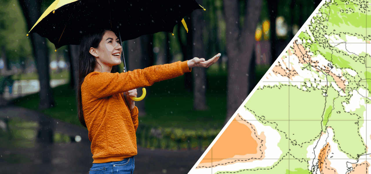 persona con un paraguas, estirando su brazo en dirección a la lluvia, junto a un mapa de precipitaciones