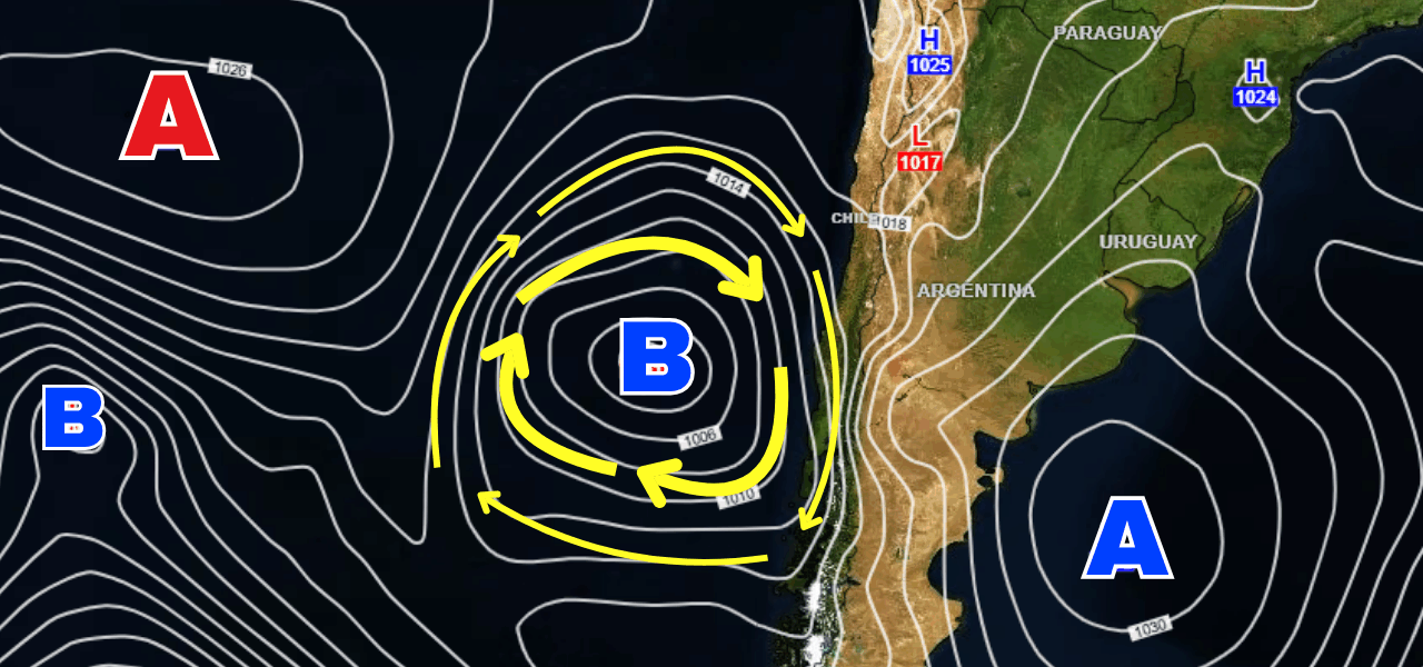 Ubicación del ciclón extratropical previsto en un mapa de tiempo
