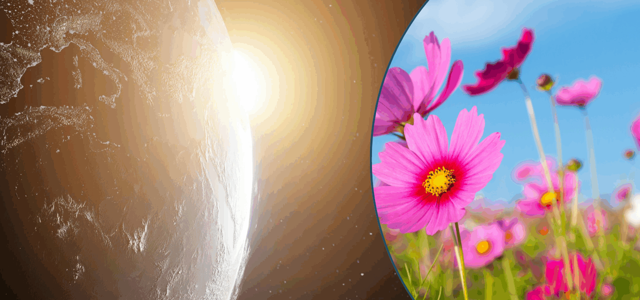 Tierra y Sol en el espacio, acompañados de un círculo sobrepuesto de flores en el lado derecho, haciendo alusión al equinoccio de primavera