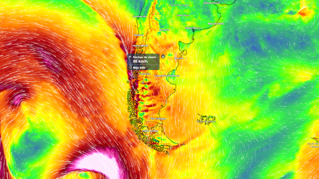 imagen que muestra la intensidad de los vientos que dejará el temporal en su paso por la zona austral de Chile.