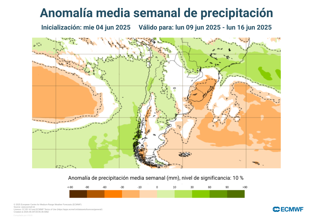 anomalía de precipitación del ECMWF anomalía semanal de precipitaciones para la segunda semana de junio de 2025