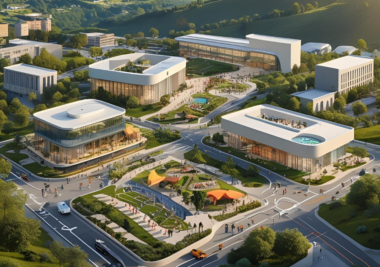 vista de una ciudad de 15 minutos, creada con IA