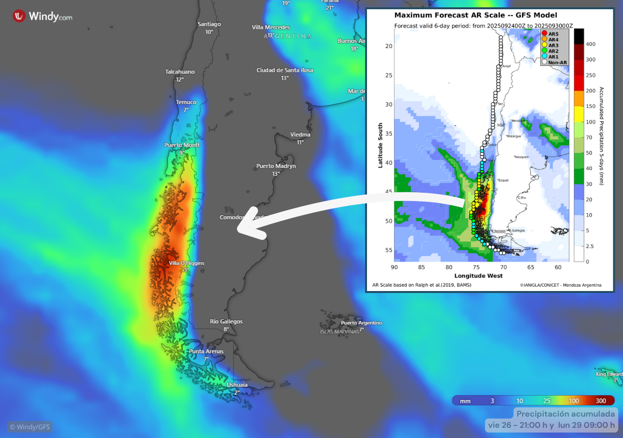 río atmosférico previsto y mapa de precipitación acumulada sobre la Patagonia
